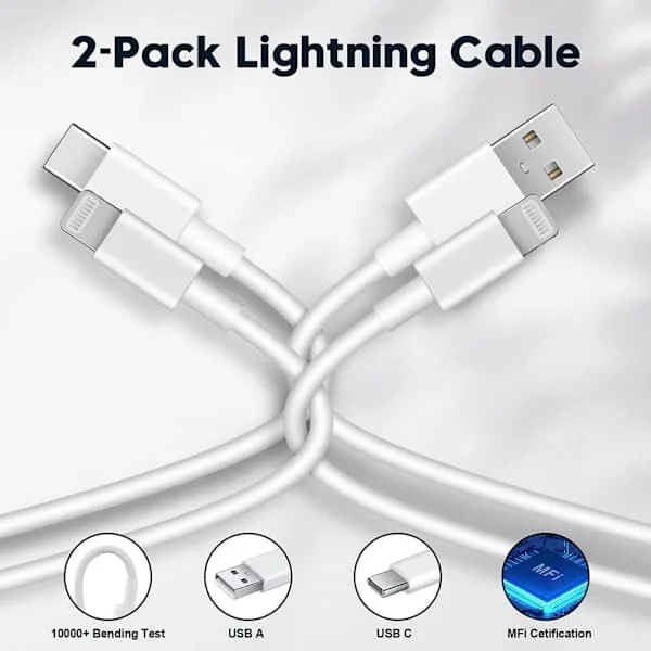 2 iPhone-kablar, en USB-A och en USB-C 2 st kablar