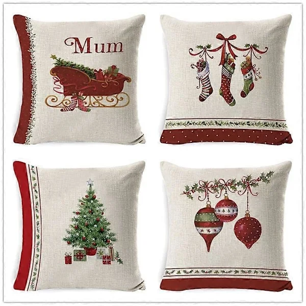 Juleputetrekk 45x45cm, Sett med 4 dekorative juleputer i bomull og lin til sofa, seng, soverom, stol, hage