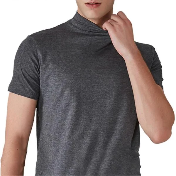 【BQ】Men's Slim Fit Half Turtleneck T-shirt, Summer Casual Short Sleeve Solid Color Elastic Thin Pullover Dark Gray