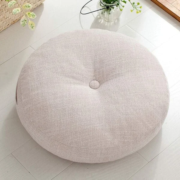 Rund tykk gulvpute i japansk stil av lin Tatamipute for uteplass, gulv, sofa, balkong, stolputer, melkehvit, 40x40 cm
