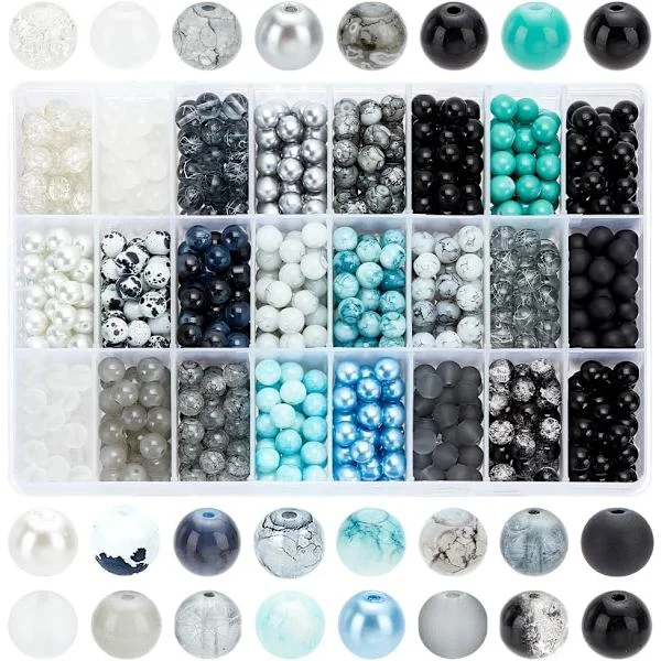 720 pcs 8mm Glass Beads 24 Colors Black Bracelet Beads Rosary Beads Round Marble Free Beads Crystal Spacer for Bracelet Earring Necklace[GKS]