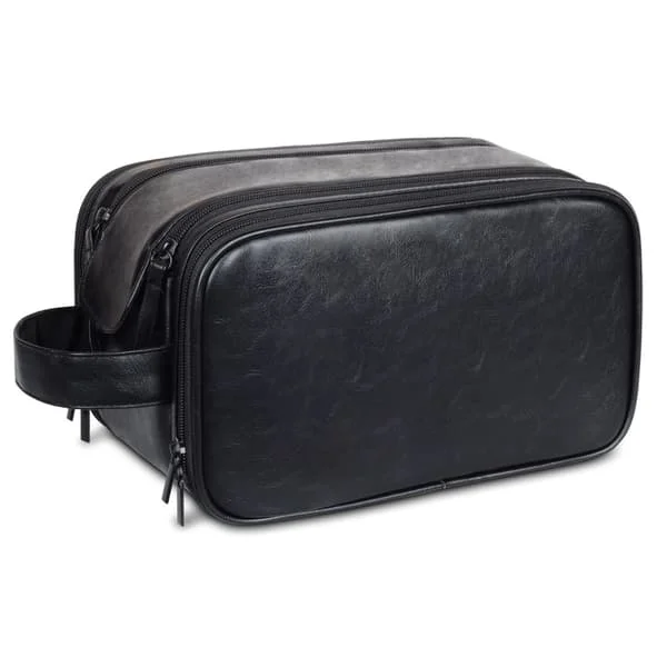 Men's & Women's Large Genuine Leather Travel Overnight Wash Gym Toiletry Cosmetic Shaving Bag with Carry Handle (Black)
