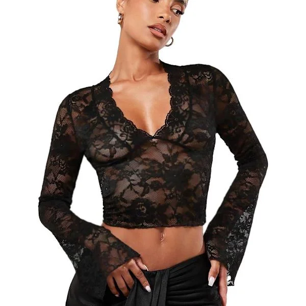 Women's Sheer Lace Long Sleeve Crop Top, Nylon Spandex V-Neck Floral Mesh Fitted Shirt for Clubs and Parties, Black