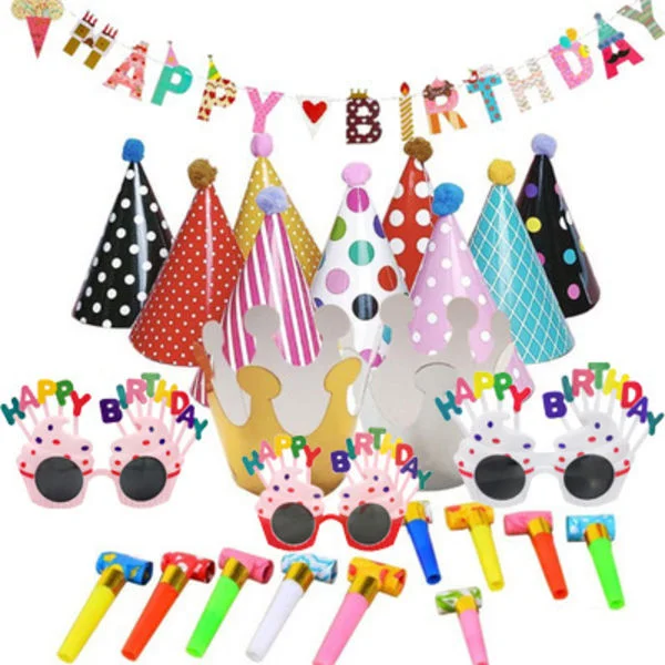 Birthday Hats 25 Pcs Kids Birthday Hat Kit Fancy Glasses Banner Decorations Colorful Whistles for Kids Adults Birthday Party