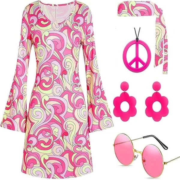 60-tals 70-tals Disco Outfit Hippie Kostym Kvinnor, 1970-tals Stil Kläder Klänning Fredstecken Tillbehör Smycken Halloween Rosa{Fyn1228} Rosa,CJY Pink