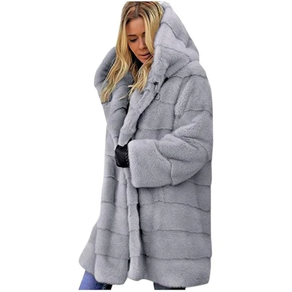 Faux Fur Hooded Coat til kvinder, Plus Size Lang Vinterjakke & Parka-FY-