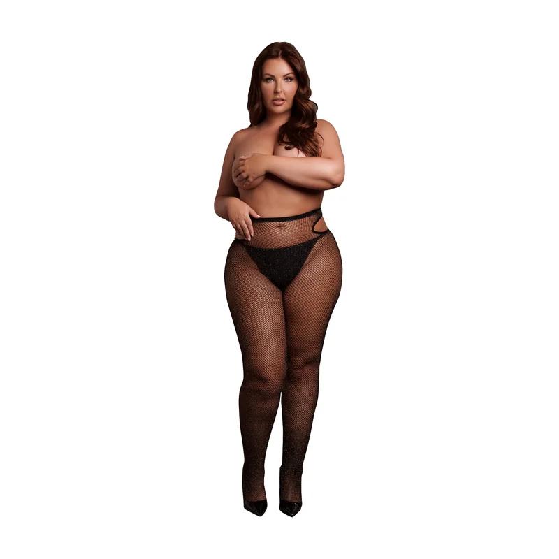 Shots: Shimmering Cut-Out Tights - Plus Size - Black/Gold Glitter - Vuxen.dk: Lingeri & undertøj