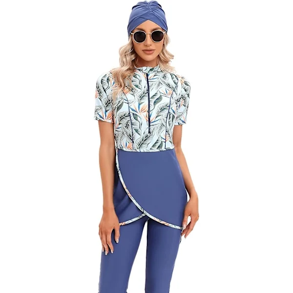 Women Modest Swimwear Islamic Muslim Swimsuit Short Sleeve Zipper Front Top Shorts Pants Hijab 3pcs Swimming Costume S-4xl Xinmu -a