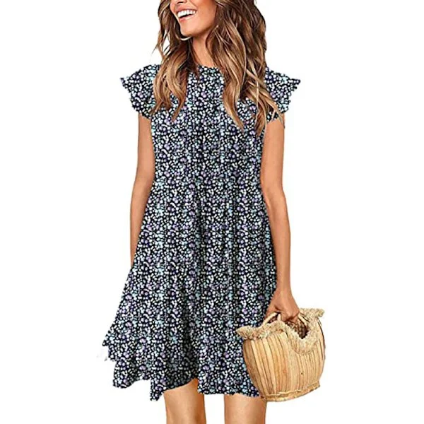 Women's Summer Dress, Sleeveless Ruffles Round Neck ini Dress Solid Color Loose Fit Short Flowy Pleated Dress,,