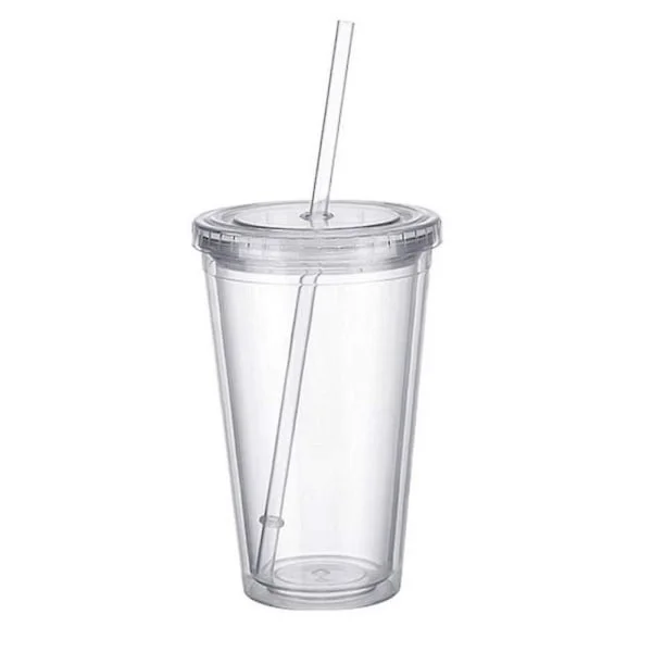 Dobbeltlags plastkopp med lokk og sugerør, isolert kaffekopp, 500 ml, gjennomsiktig
