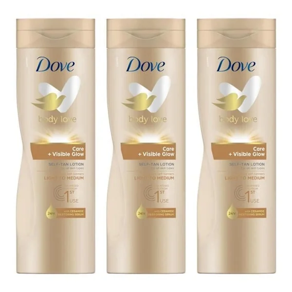 Lotion Auto-Bronzante Nourrissante Dove Visible Glow til Lys til Mellemtonet Hud, 3x400ml