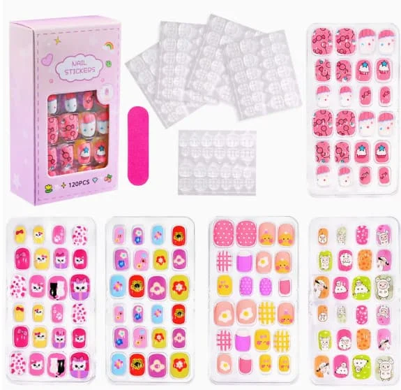 【BQ】120 st Kids Fake Nails, Press-on False Nails for Kids Cartoon Kids Fake Nails Full Cover Nails Artificial Nail Tips for Kids