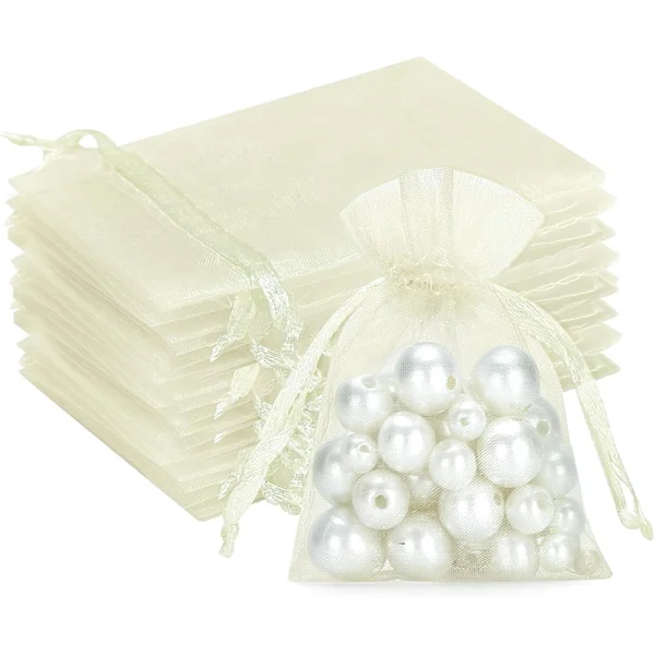 Beige Organzapåsar för Presenter, 7x9 CM Små Organzapåsar, 100 ST Bröllopssmyckespåsar, Genomskinliga Nätpåsar Perfekta