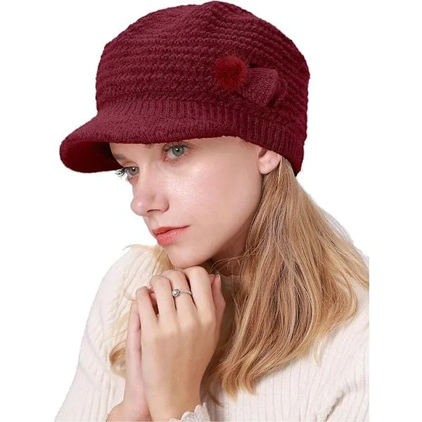 Vinterhat til kvinder, fleeceforet, blomstret strikket hat, dame beret hat med skygge, cloche hat, termisk hat, dame uldhatte, rød