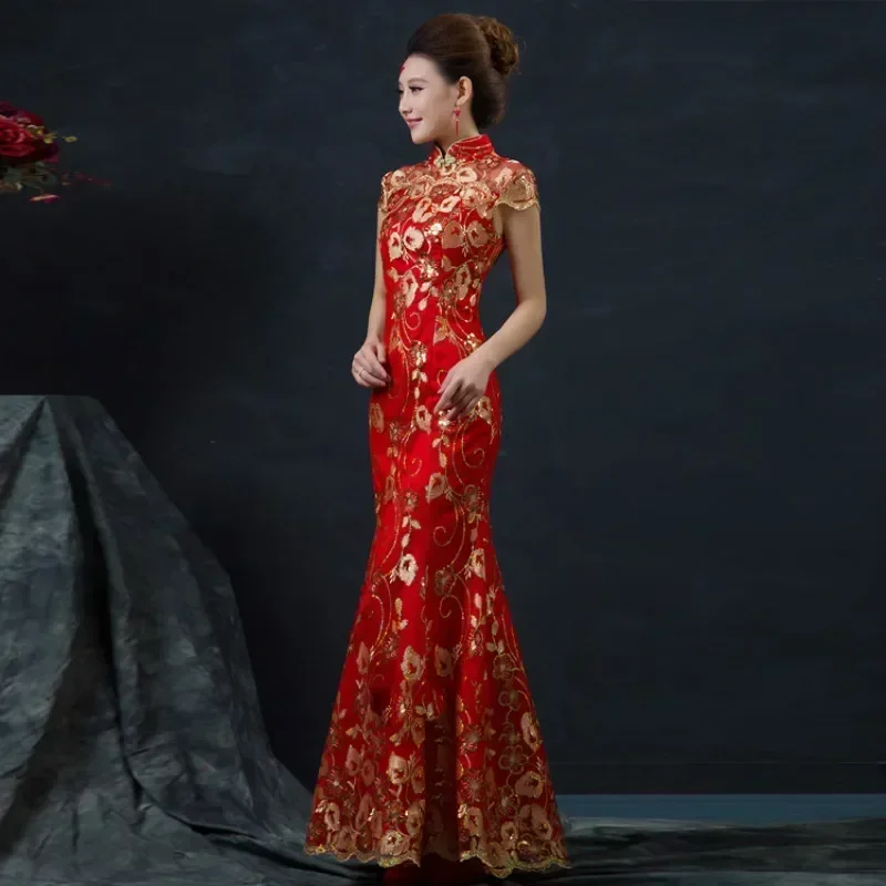 AliExpress - Robe de mariée chinoise rouge pour femmes, Cheongsam à manches courtes, or, Slim, robe traditionnelle chinoise, Qipao pour fête de 