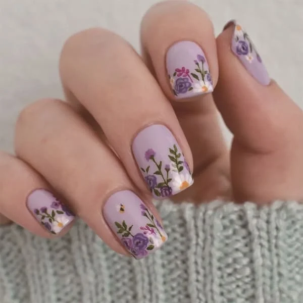 24x Korte Firkantede Falske Negle Blomster Kunstige Negle Glansfulde Tryk På Negle