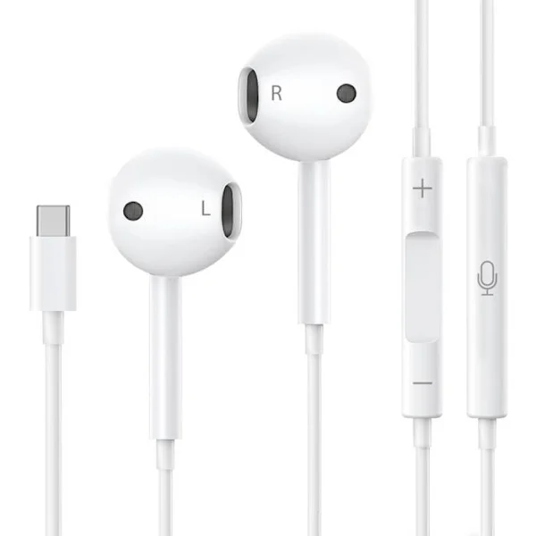 Trådbundna hörlurar för iPhone 17 / 17 PLUS / 17 PRO iPhone 16/16 PLUS/16 PRO/16 PRO MAX/16e/15/15 PLUS/15 PRO/15 PRO MAX - Mikrofon Volymkontroll Vit