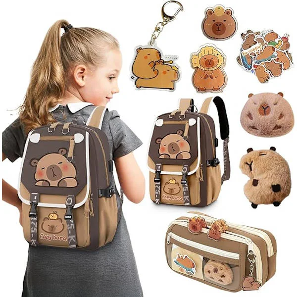 [RM]Cute Capybara, Waterproof Nylon Backpack, Includes 11 Small Gifts, Cute Capybara Shape, Cute Large Capacity Kids Backpack[JUN]