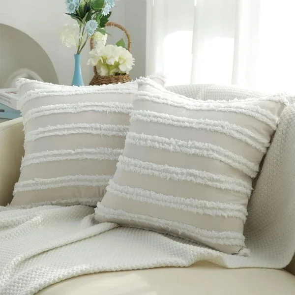 Boho Dekorative Putetrekk, Nøytrale Stripete Putetrekk 16x16 Sett med 2, Beige Bomullslin Putetrekk til Sofa Stue.
