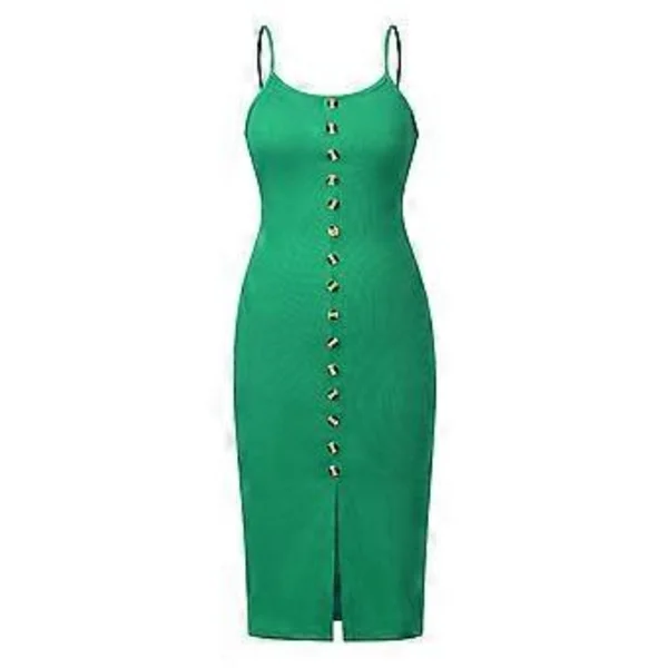 Dam Sommar Knäppning Ärmlös Klänning Ribbad Virkad Slip Strap Midi Klänning Fram Slits Bodycon Solklänning
