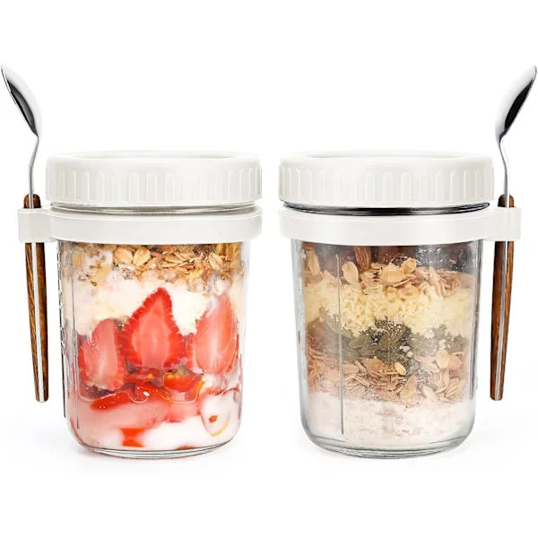 Overnight Oats-krukker med skje og lokk 350 ml [2-pakning], lufttette havregrynbeholdere med målemerker, glasskrukker med lokk (2 stk. hvite)-FX-