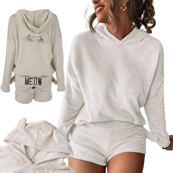 Pyjamas dam 2-delar bomull beige L långärmad tröja och shorts