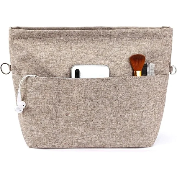 Håndveskeorganisatorinnlegg, Tote Bag-organisatorinnlegg med flere rom og glidelåser, solid veskeinnleggorganisator med nøkkelring. Lysebrun, XS