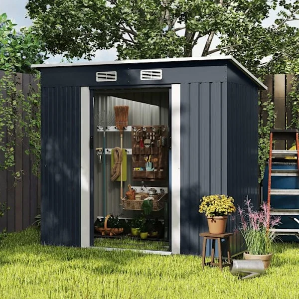 Trädgårdsförråd i galvaniserat metall 2m² 205 x 98cm COSTWAY - Lutande tak - Skjutdörr och ventilation - Förvaring för cykel, soptunna