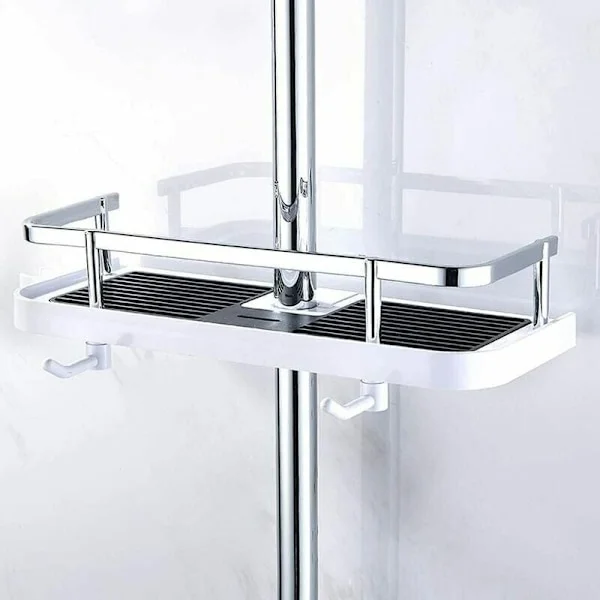 Justerbar dusjhylle, kurv for bad og kjøkken, oppbevaring for montering på rør, praktisk vegghylle 30x12x6 cm