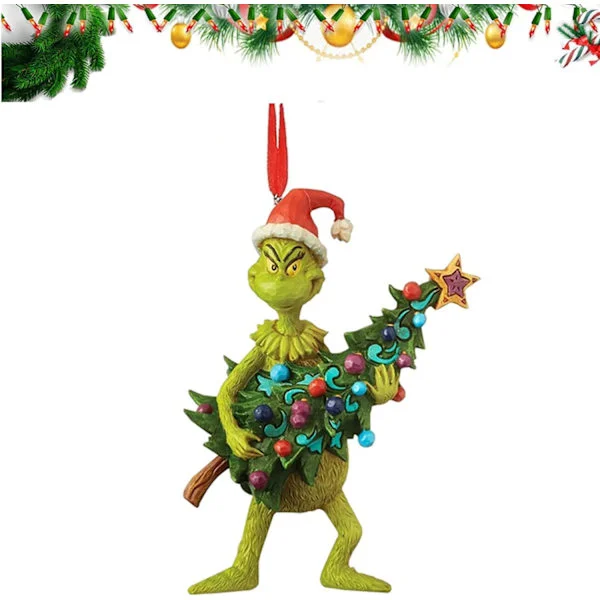 Hylder Grinch Hængende Pynt Julepynt Vedhæng, Sjove Harpiks Grøn Grinch Julepynt Til Hjemmet Feriefest (Grinch Med Træ)