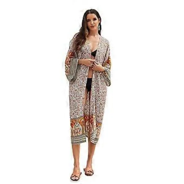 Dame Kimono Cardigans med Åben Front Boheme Blomst Løs Sommer Top med Bælte Langærmet Strandkjole Badedragt Cover Up Orange (Orange)