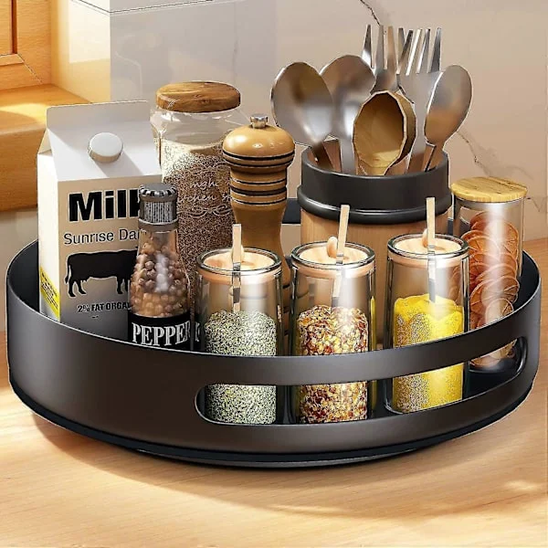Lazy Susan Snurrebrett, Sayzh Snurrebrett Organiser, Krydderhylle Roterende For Kjøkkenskap Benkeplate, Metallstål, 25 cm, Svart