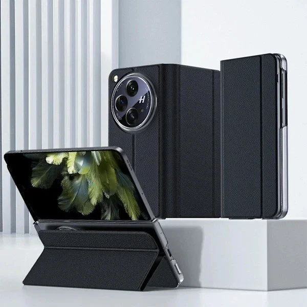 Magnetisk beskyttelsesetui til Oneplus Open Flip Case, minimalistisk læder kickstand cover Fuld kropsbeskyttende telefonetui sort