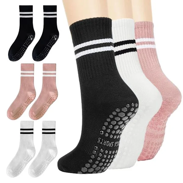 Yoga Grip Socks, 3 par bomullsstrumpor med halkskydd Dam Grippy Strumpor Andningsbara Grip Strumpor för Hemmaträning Gym Pilates Barre (3 färger)