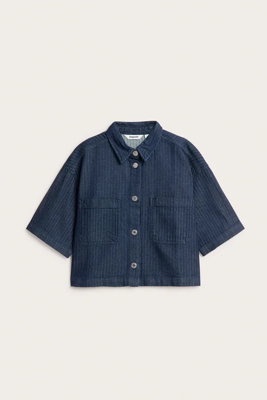 Kappahl | Fiskebenmønstret skjorte med korte ermer Mørk denim XS | Dame