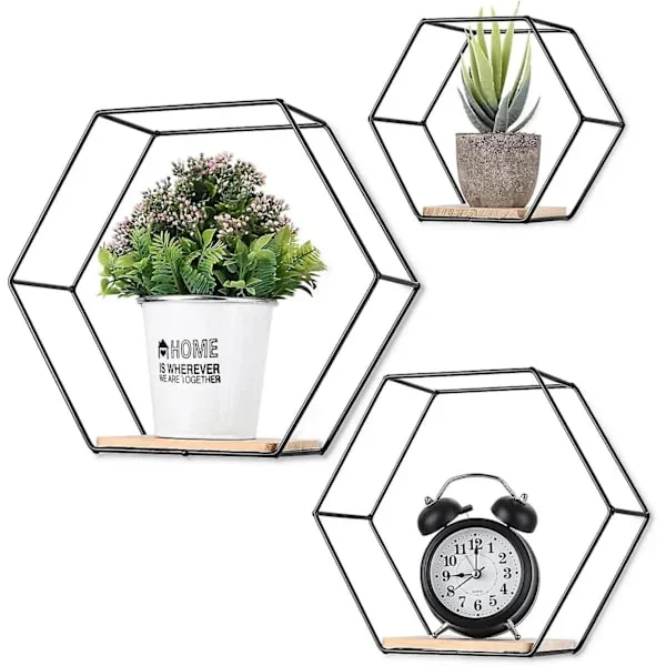 Set med 3 hexagonformade vägghyllor i metall, hylla utan borrning vardagsrum, vägghylla svart, hängande hylla, vägghylla, vägghylla utan borrning...