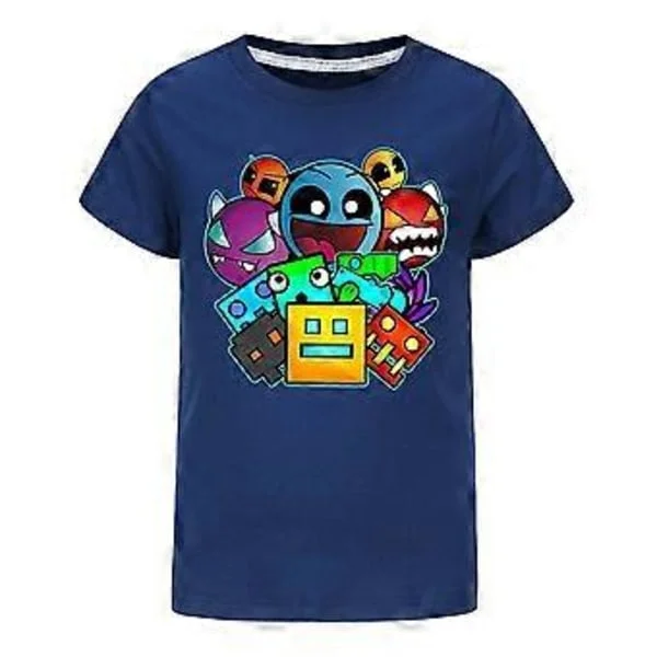 Geometry Dash -painatettu lasten T-paita pelaajille, pojat ja tytöt, tyylikäs lyhythihainen T-paita (9-10 vuotta, tummansininen)