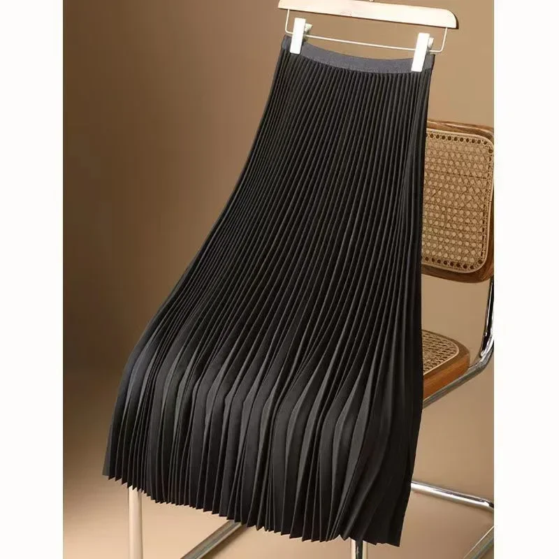AliExpress - Jupe mi-longue plissée taille haute pour femme, jupe trapèze, jupe longue, satin lisse, ceinture élastique large, document monochrome, 
