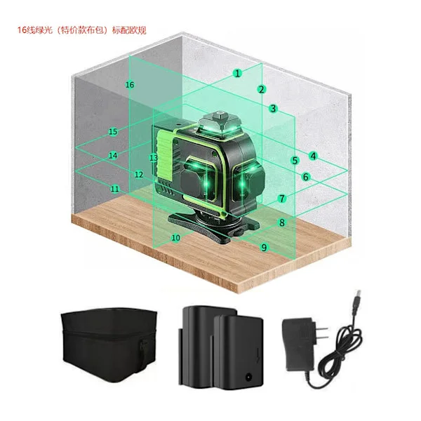 30m självnivellerande lasernivå, 8-linjers krysslaser, 4.0ah uppladdningsbart batteri, Ip54 grön laser, 4 x 360 rotation - Perfet