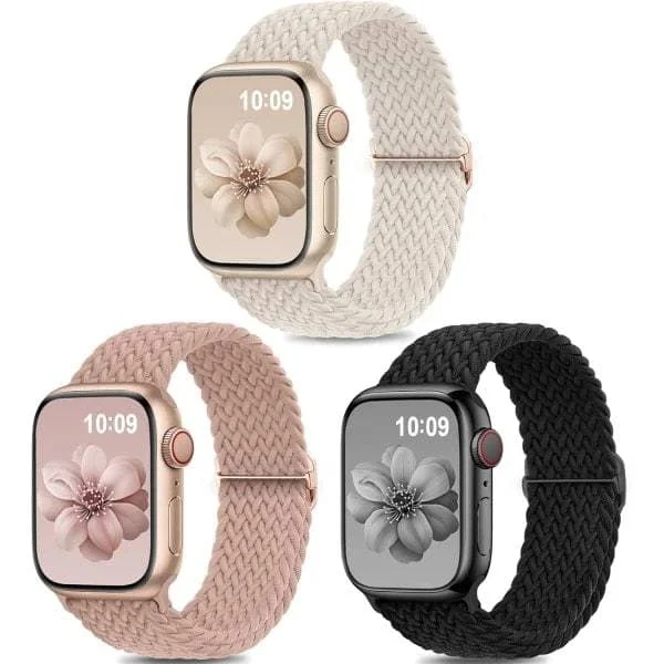 3-pakning Flettede Solo Loop-klokkereimer – Kompatible med Apple Watch 38 mm/40 mm/41 mm, elastisk nylonreim A