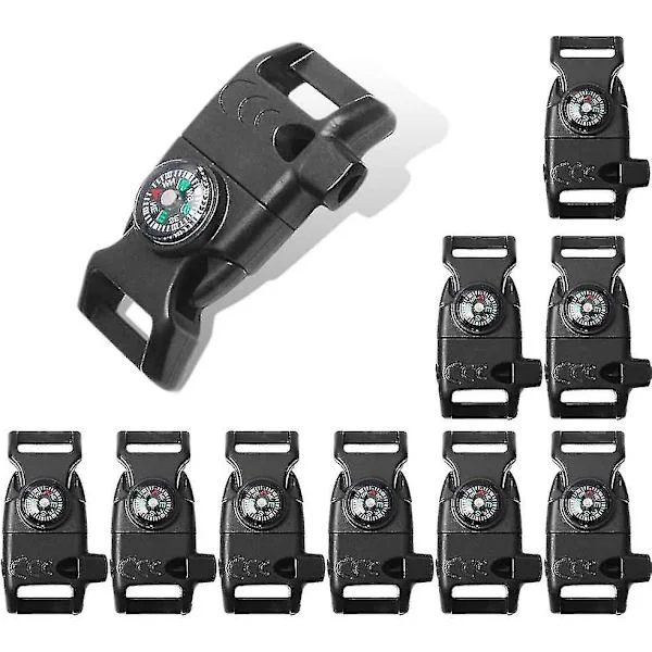 10-pack Svart 5/8" Kompass Flintskrapa Eldstartare Visselspänne Plast Paracord Armband Utomhus Camping Nödsituation Överlevnad Resa (LGL)