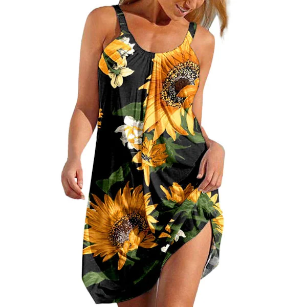 Ärmlös blommig klänning Casual sommarklänning Mini Tank Klänning Dam Strandklänning