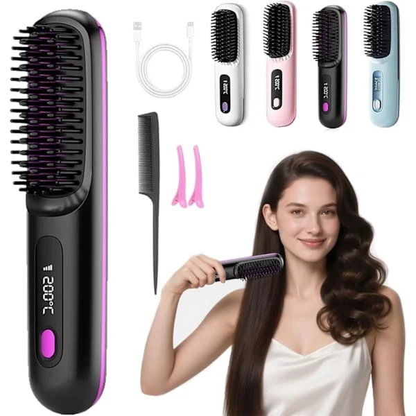 Heated Brush, 2025 Mini Heating Brush for Short Hair, Cordless Hair Straightening Brush with 3 Heat Settings, LED Display, USB Charging for Hair 