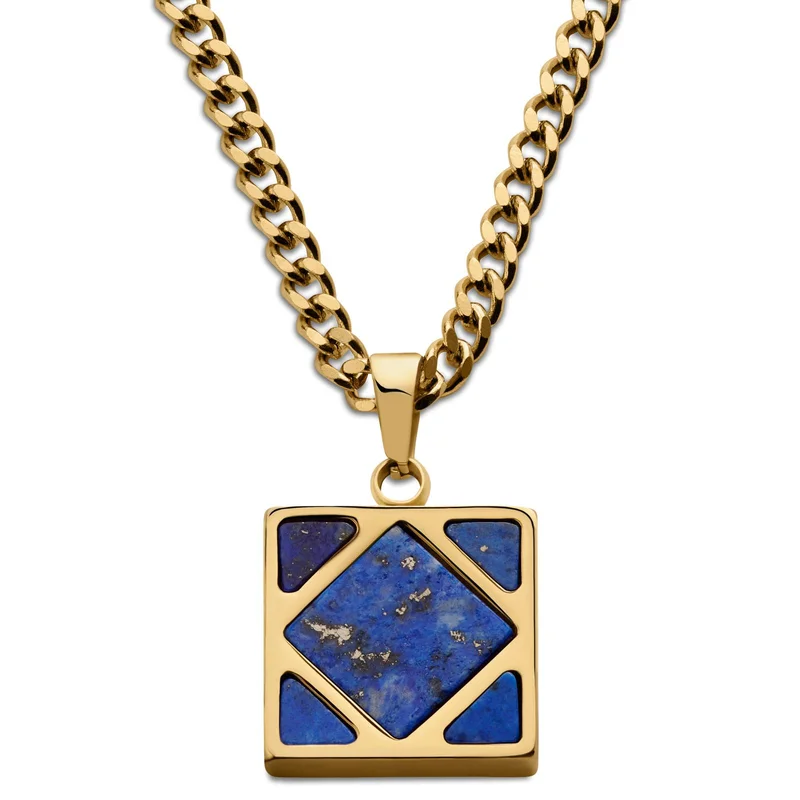 Cruz | Collar cuadrado de lapislázuli dorado para hombres - Collares acero