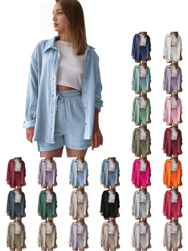 Women's Sweatshirt and Shorts Set - Solid Color Long Sleeve Casual Outfit*Khaki*L Khaki L