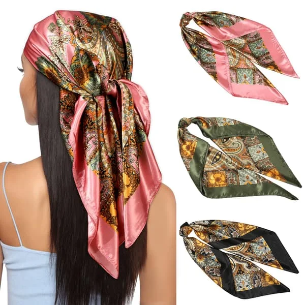 3-pak hovedtørklæde silkescarf hals tørklæde til kvinder - 90 x 90 cm store elegante tørklæder til kvinder satin bandana piger hovedtørklæde 