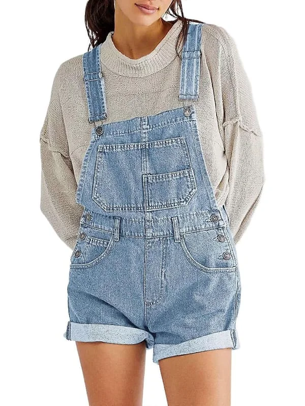 [LD]Dame denim shorts overalls sommer afslappet løs pasform justerbare overalls denim overalls patch shorts lyseblå M Lyseblå