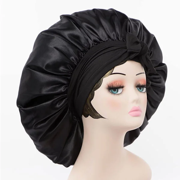 Satin Bonnet Silke Bonnet Hår Bonnet (Sort) Jumbo Størrelse til Sle