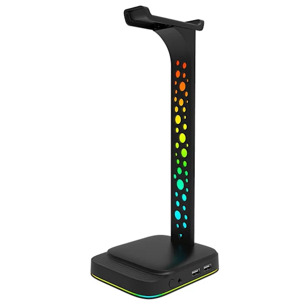 RGB Gaming Headset Stand, Headset Holder med 3,5 mm AUX og 2 USB-opladningsporte, Skrivebordsstander til Gaming Headset med Gummibase[F2]
