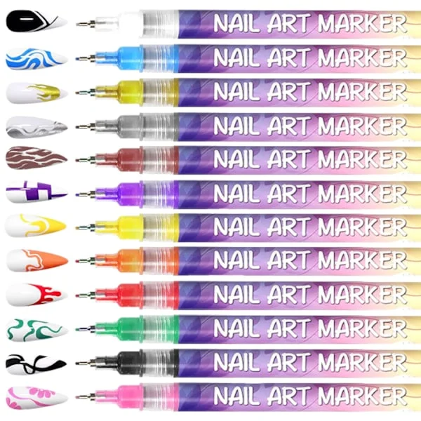 12 Farger Neglekunst Penner Sett 3D Neglelakk Penner Graffiti Dotting Penn Akrylmaling Penner Punkt Liner Penn Tegning Maling for Negler A